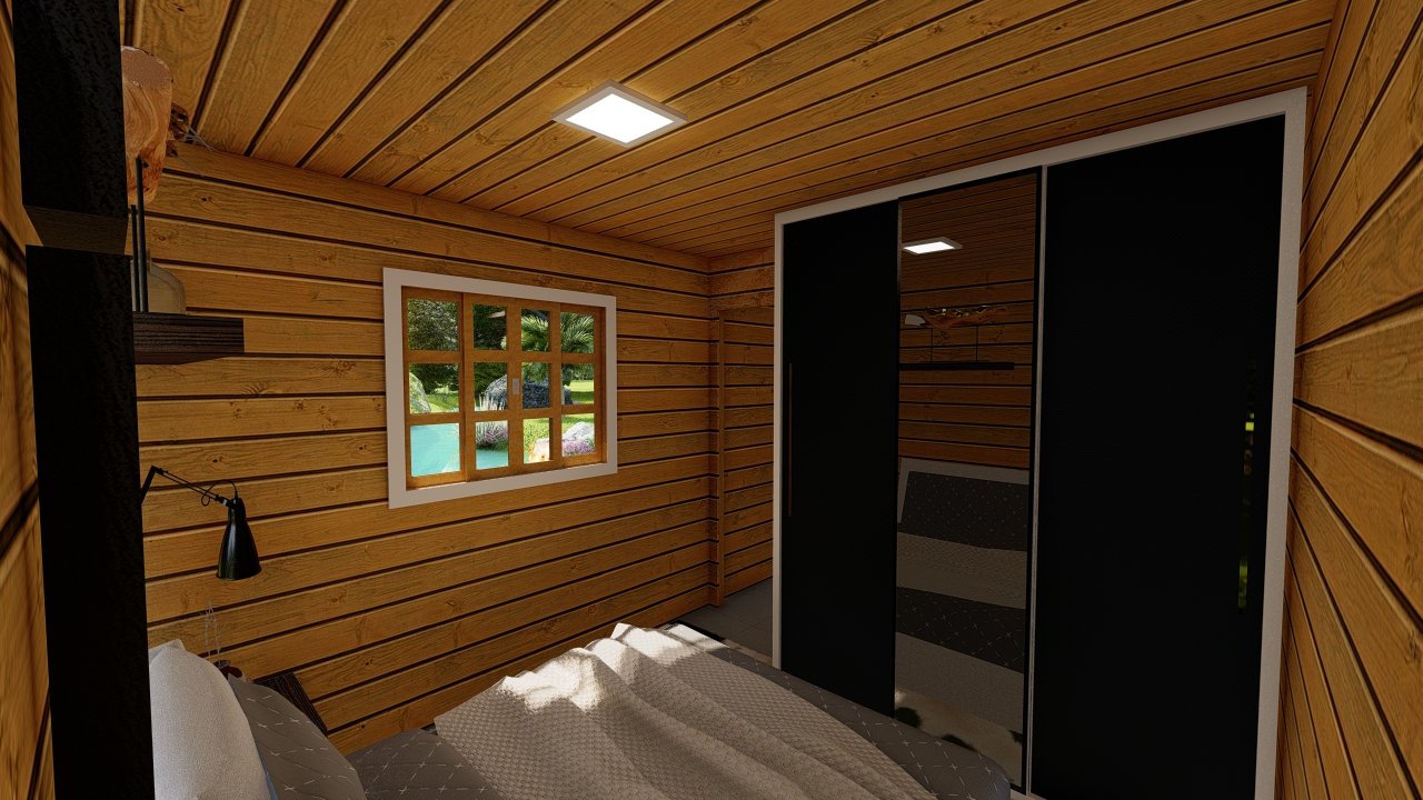 POP 1.1 de 31,5m² — Quarto em detalhe geral POP 1.1 de 31,5m² pré-fabricado em madeira pinus autoclave — quarto em detalhe amplo