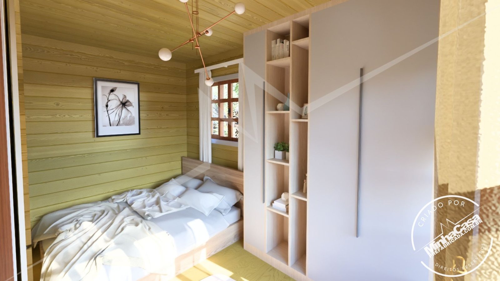 PD Balneário Piçarras de 66,29m² — Segundo quarto em foco PD Balneário Piçarras de 66,29m² pré-fabricado em madeira pinus autoclave — segundo quarto em foco