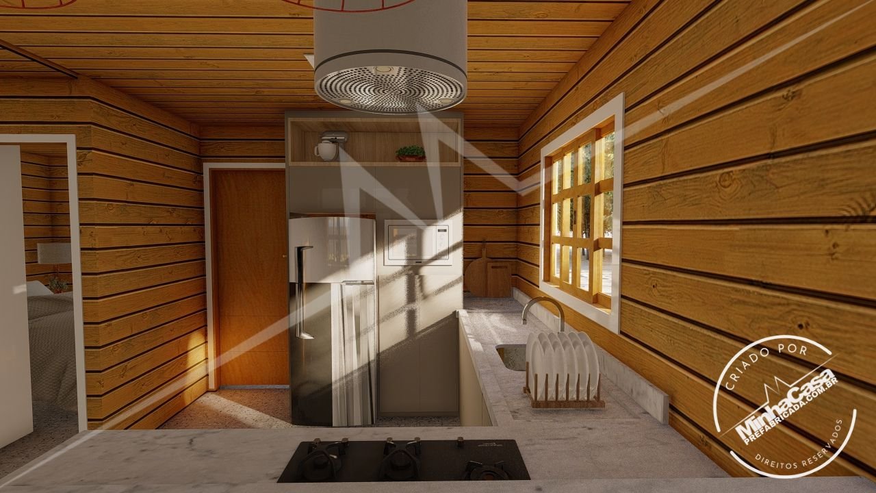 POP 2.1 de 68,31m² — Cozinha em visão aproximada POP 2.1 de 68,31m² pré-fabricado em madeira pinus autoclave — cozinha em visão aproximada