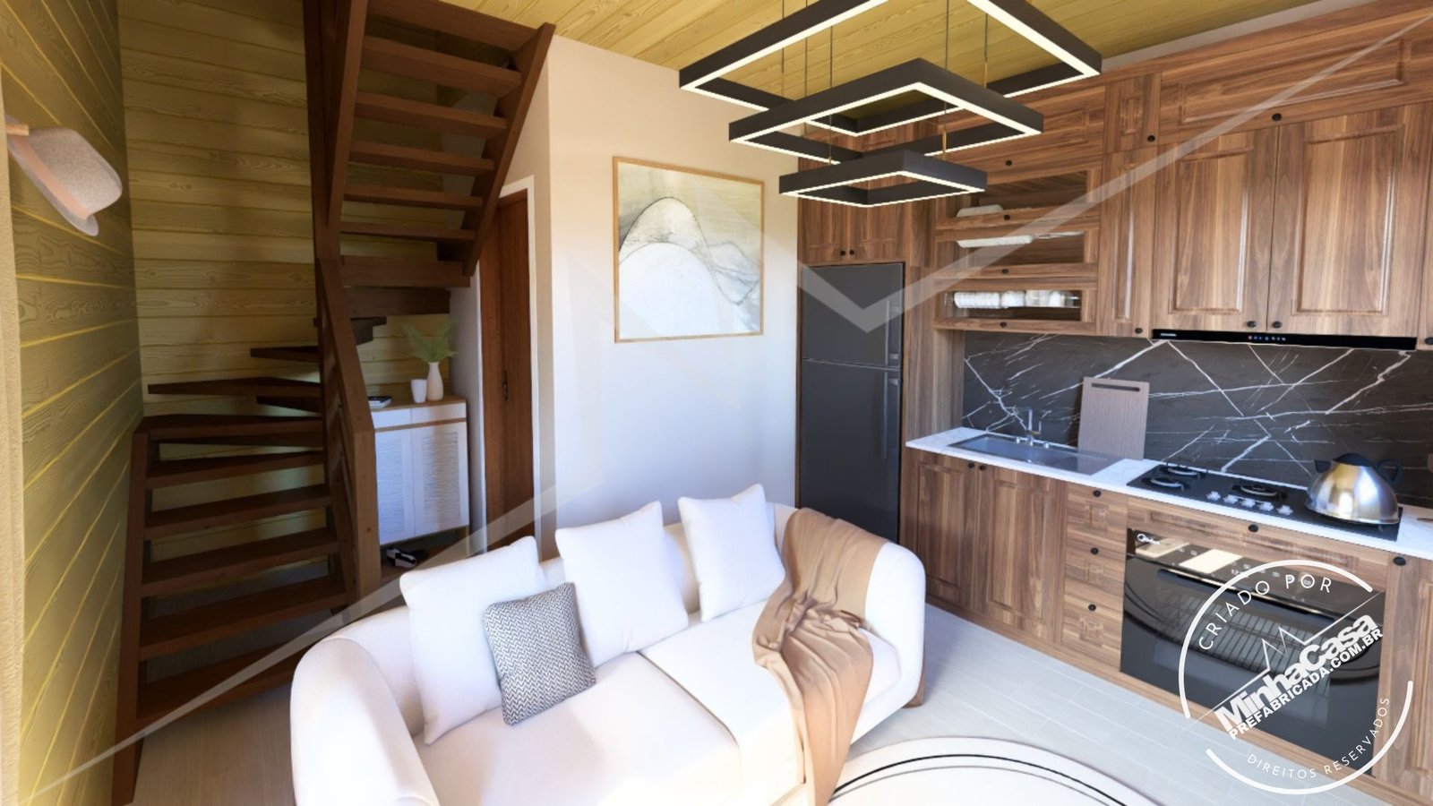 PD Balneário Piçarras de 66,29m² — Sala com escada para o mezanino em foco PD Balneário Piçarras de 66,29m² pré-fabricado em madeira pinus autoclave — sala com escada para o mezanino em foco