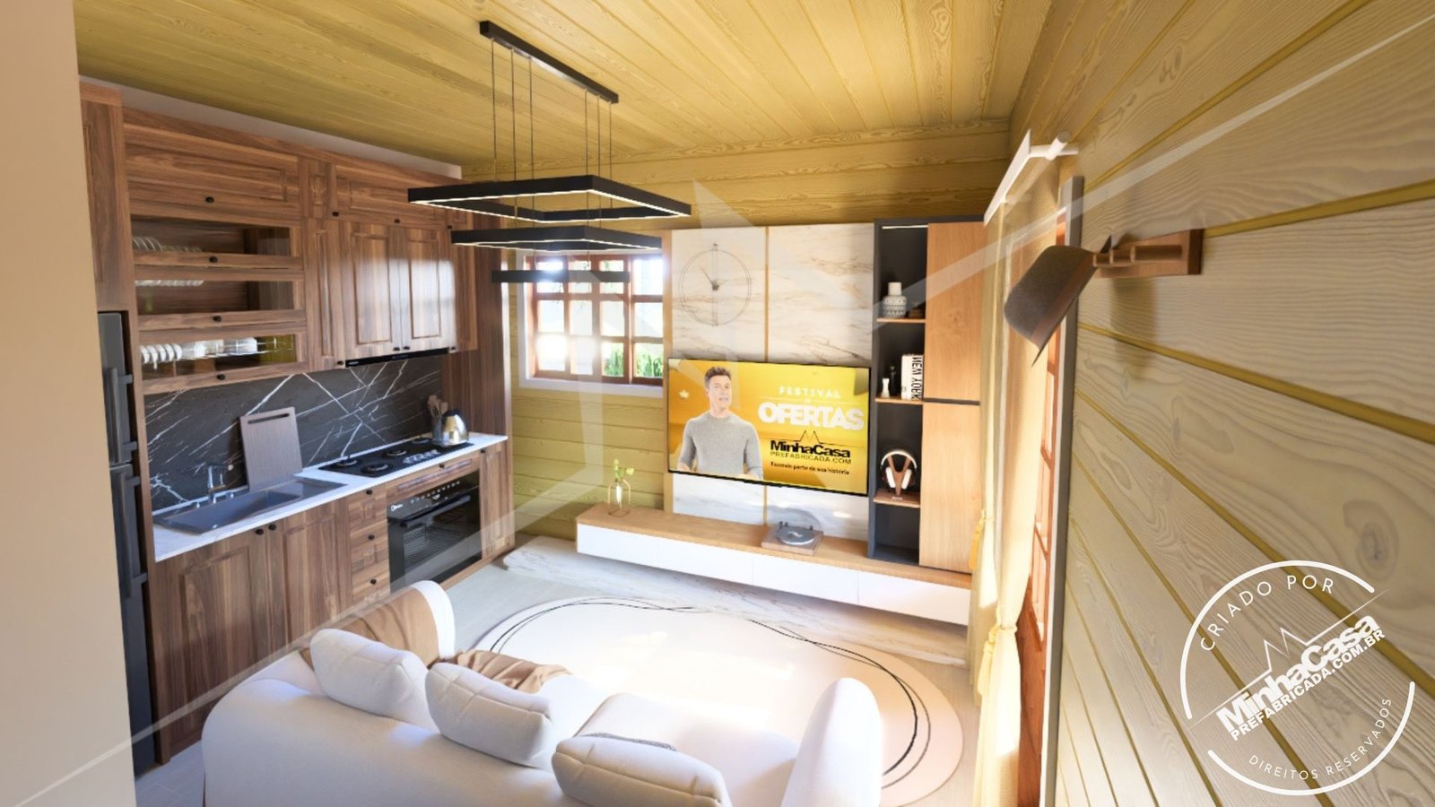 PD Balneário Piçarras de 66,29m² — Sala com cozinha integradas PD Balneário Piçarras de 66,29m² pré-fabricado em madeira pinus autoclave — sala com cozinha integradas