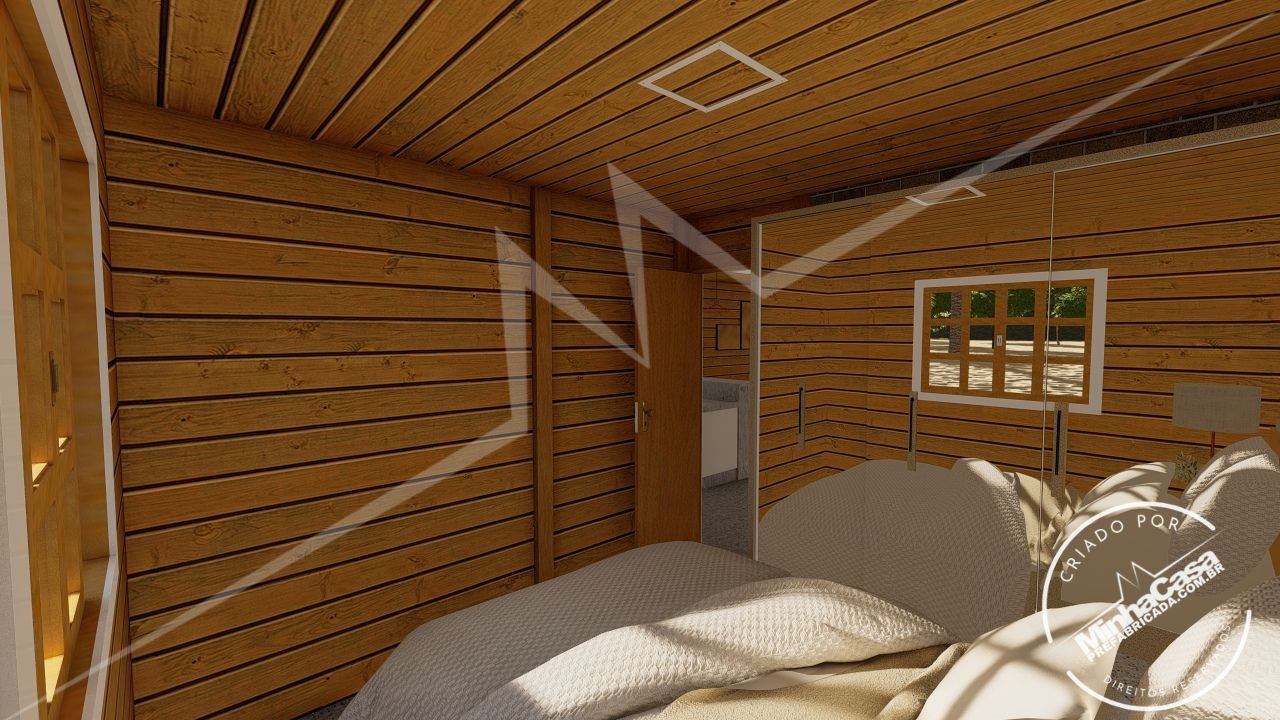 POP 2.1 de 68,31m² — Primeiro quarto em foco POP 2.1 de 68,31m² pré-fabricado em madeira pinus autoclave — primeiro quarto em foco