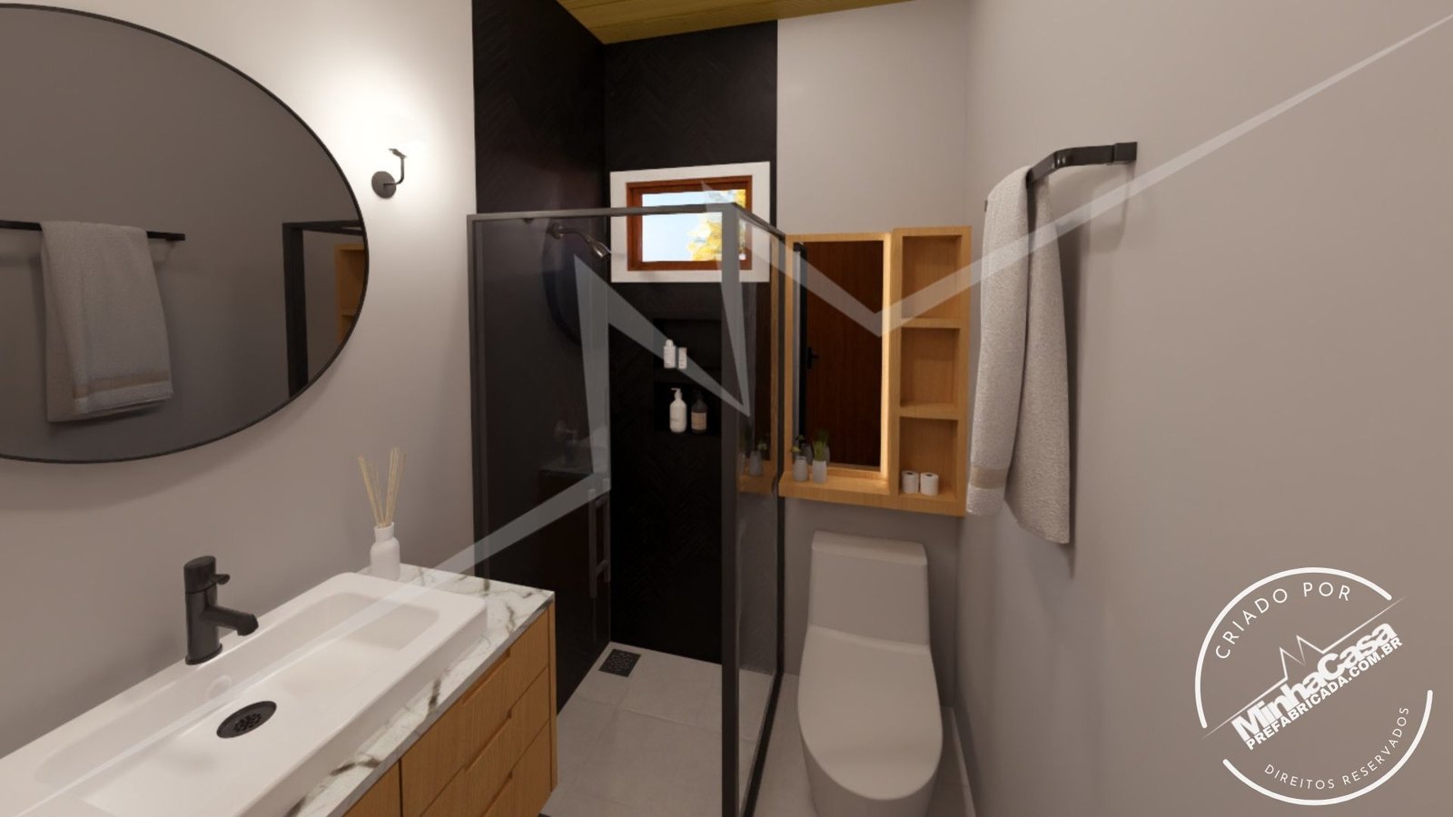 PD Balneário Piçarras de 66,29m² — Banheiro em foco PD Balneário Piçarras de 66,29m² pré-fabricado em madeira pinus autoclave — banheiro em foco