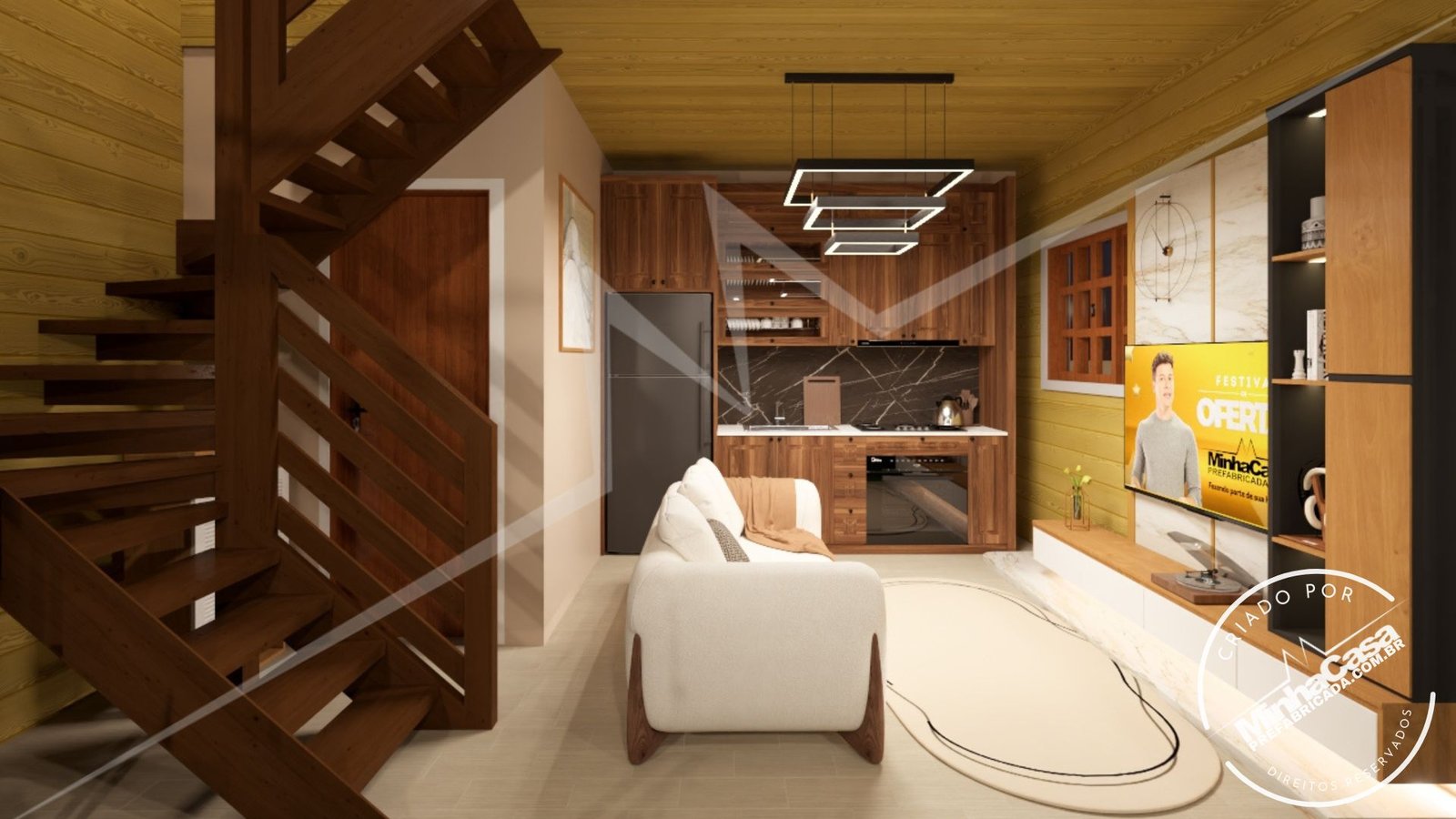 PD Balneário Piçarras de 66,29m² — Visão geral da sala e cozinha PD Balneário Piçarras de 66,29m² pré-fabricado em madeira pinus autoclave — visão geral da sala e cozinha