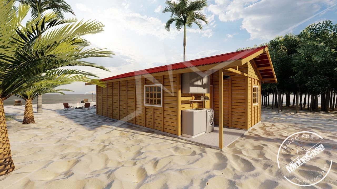 POP 2.1 de 68,31m² — Fachada posterior com lateral esquerda e lavanderia POP 2.1 de 68,31m² pré-fabricado em madeira pinus autoclave — fachada posterior com lateral esquerda e lavanderia