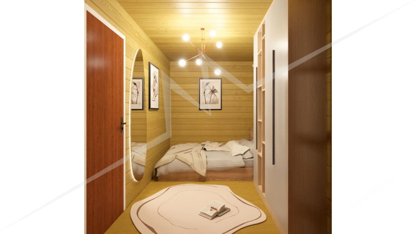 PD Balneário Piçarras de 66,29m² — Quarto em visão noturna PD Balneário Piçarras de 66,29m² pré-fabricado em madeira pinus autoclave — quarto em visão noturna