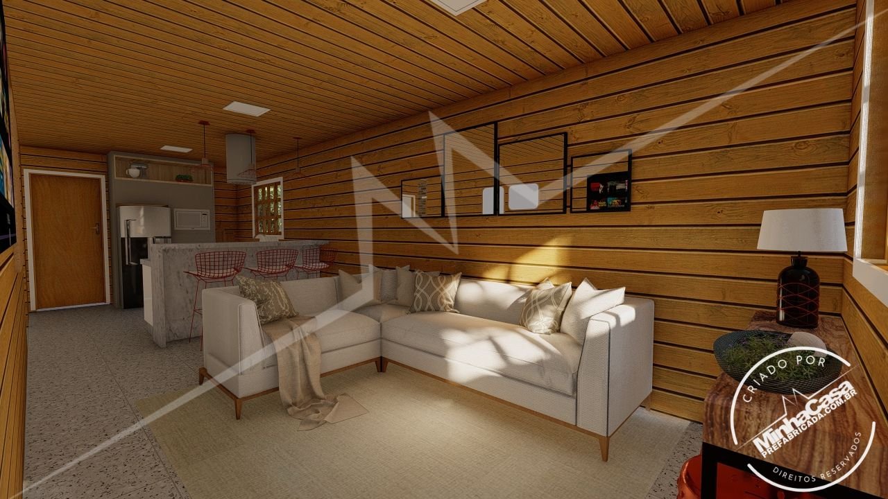 POP 2.1 de 68,31m² — Sala ampla em visão geral POP 2.1 de 68,31m² pré-fabricado em madeira pinus autoclave — sala ampla em visão geral