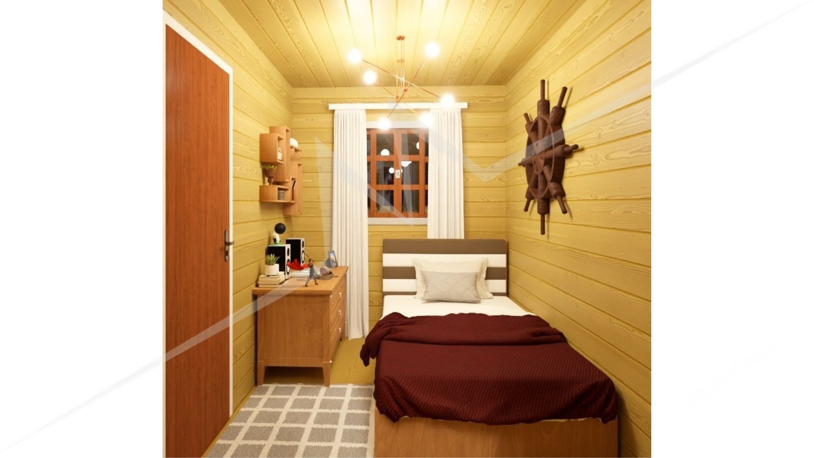 PD Balneário Piçarras de 66,29m² — Segundo quarto em visão noturna PD Balneário Piçarras de 66,29m² pré-fabricado em madeira pinus autoclave — segundo quarto em visão noturna