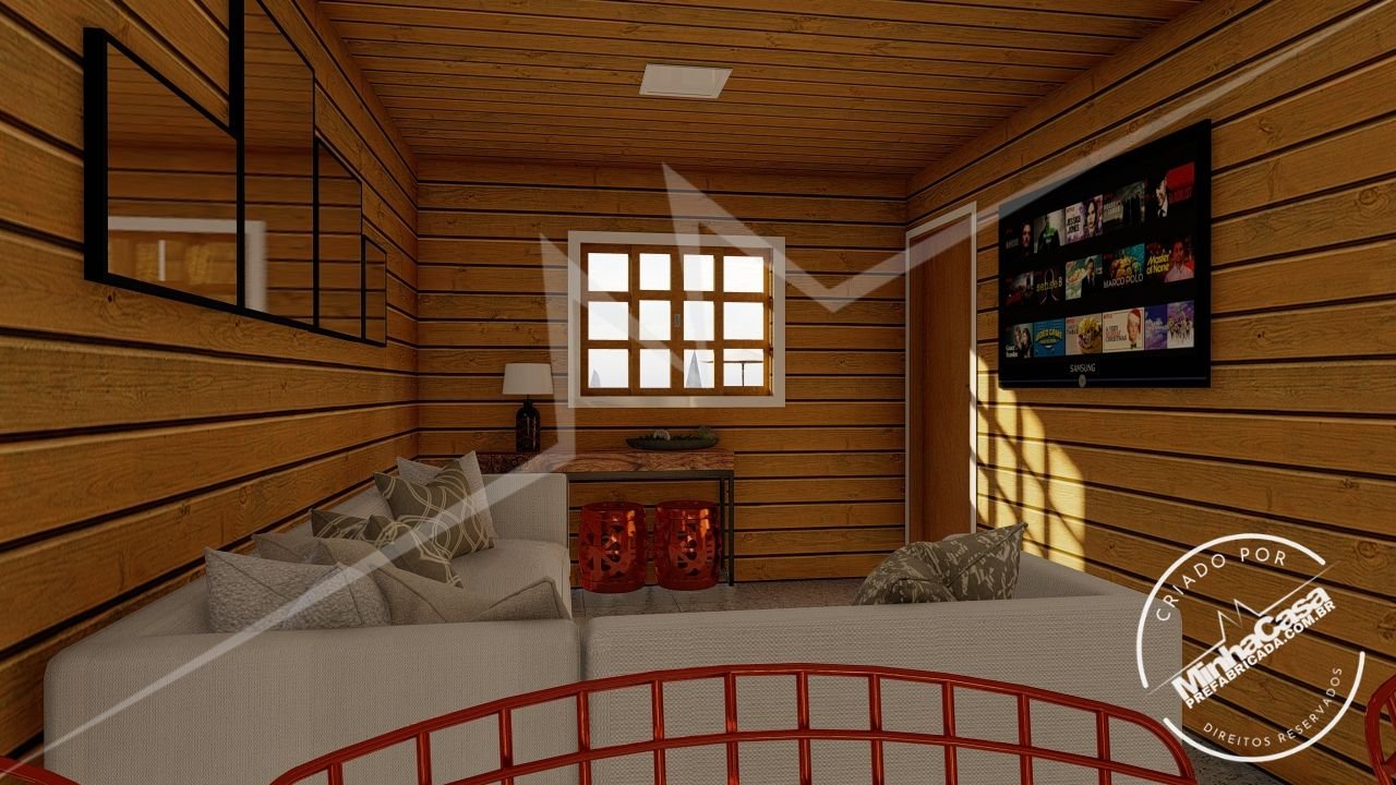 POP 2.1 de 68,31m² — Sala em outro ângulo POP 2.1 de 68,31m² pré-fabricado em madeira pinus autoclave — sala em outro ângulo