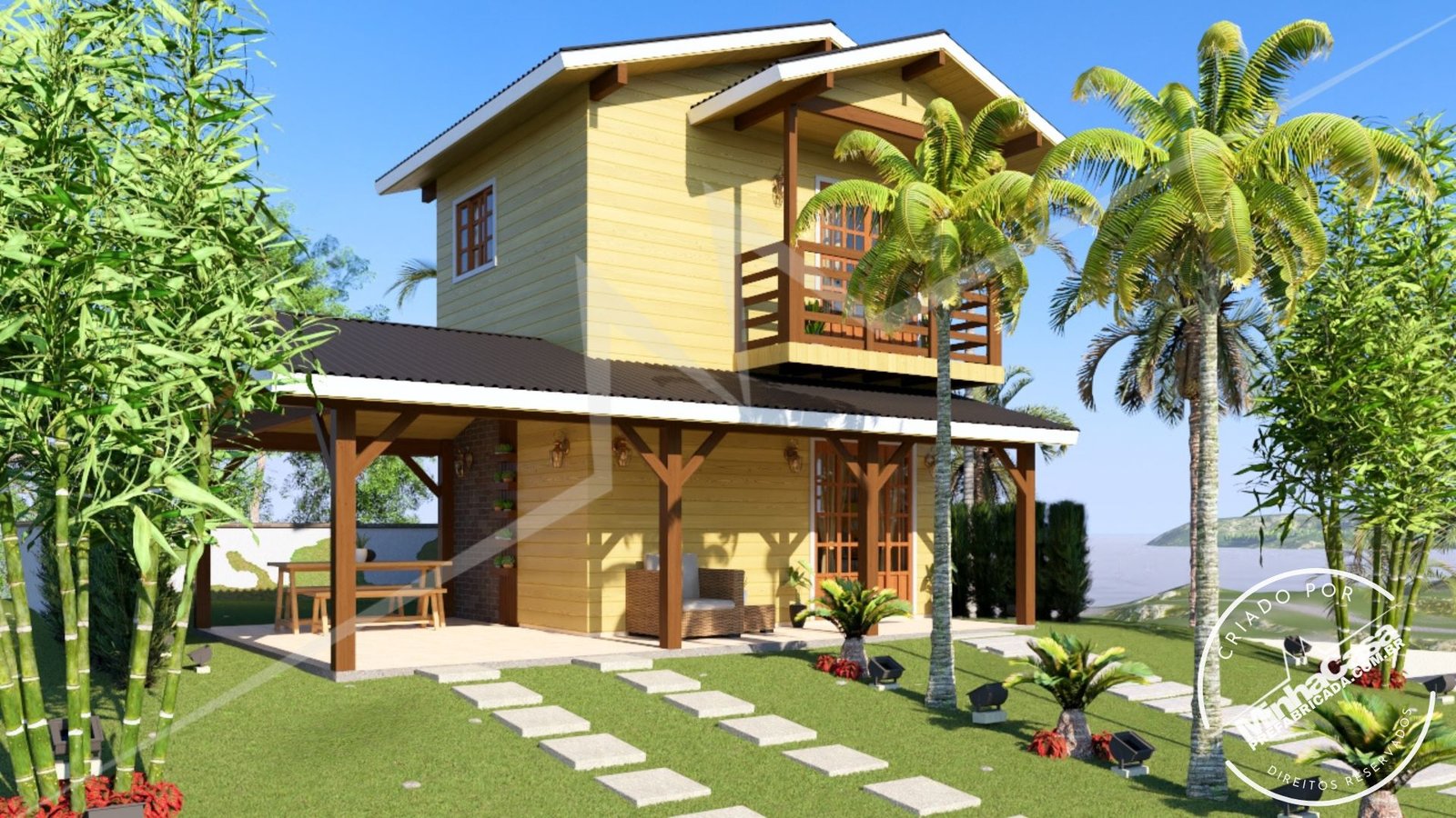 PD Balneário Piçarras de 66,29m² — Fachada principal centralizada de dia PD Balneário Piçarras de 66,29m² pré-fabricado em madeira pinus autoclave — fachada principal centralizada de dia