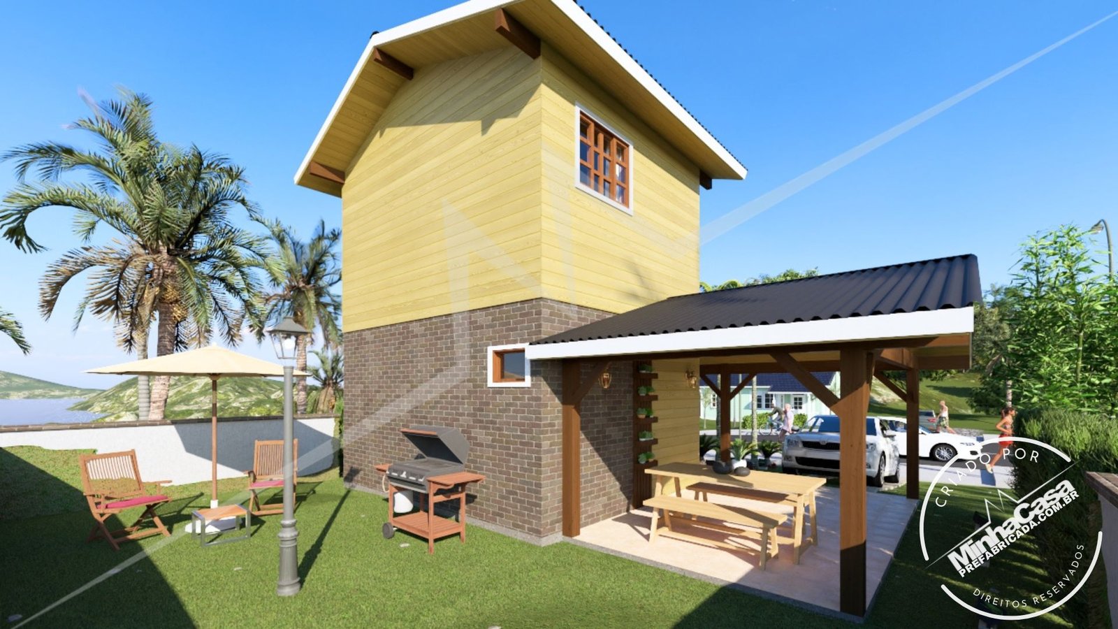 PD Balneário Piçarras de 66,29m² — Fachada posterior com lateral direita de dia PD Balneário Piçarras de 66,29m² pré-fabricado em madeira pinus autoclave — fachada posterior com lateral direita de dia