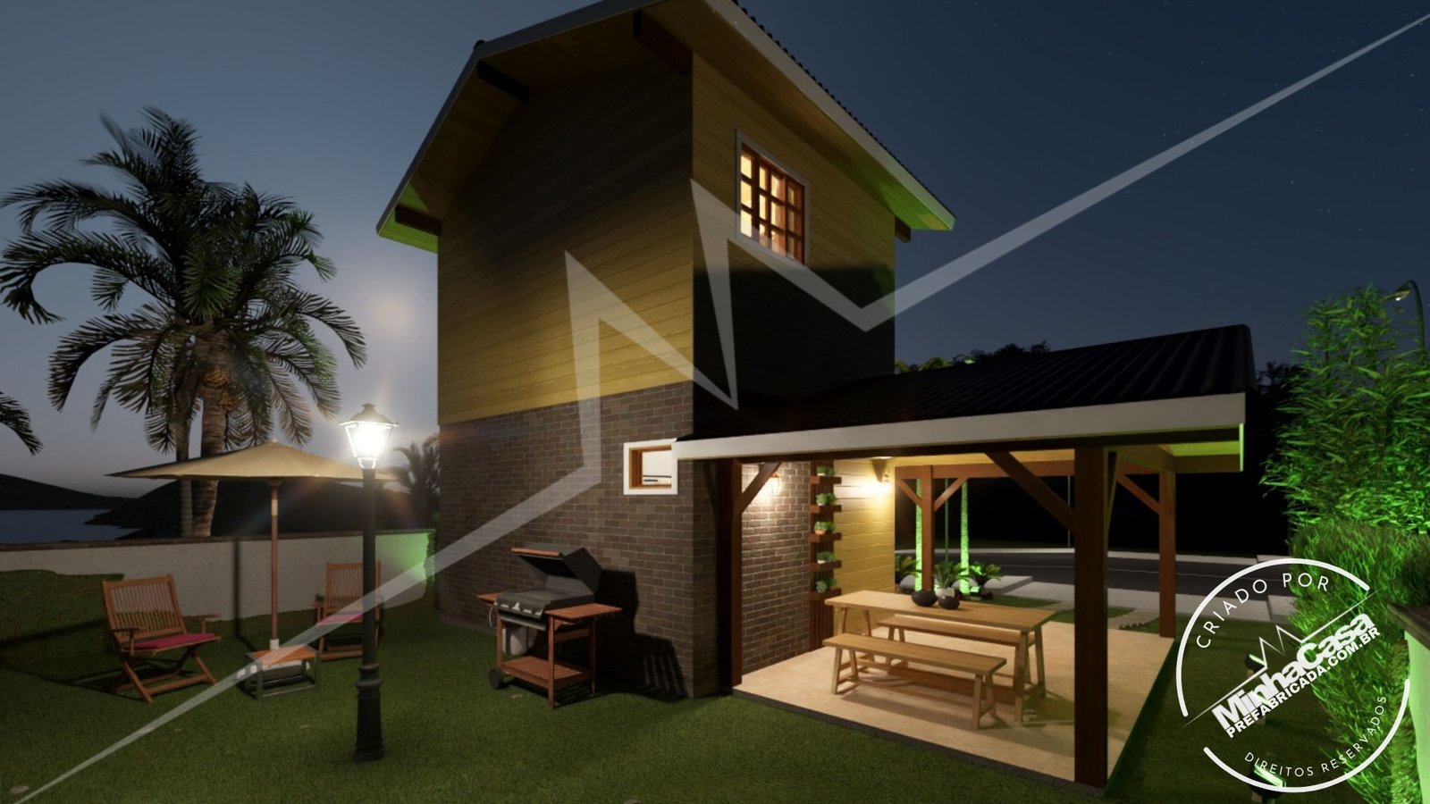 PD Balneário Piçarras de 66,29m² — Fachada posterior com lateral direita de noite PD Balneário Piçarras de 66,29m² pré-fabricado em madeira pinus autoclave — fachada posterior com lateral direita de noite