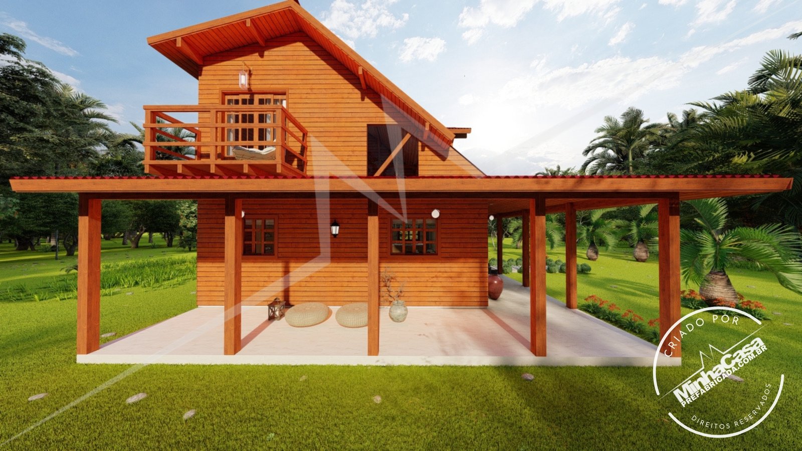 Kit de casa de madeira com varanda coberta