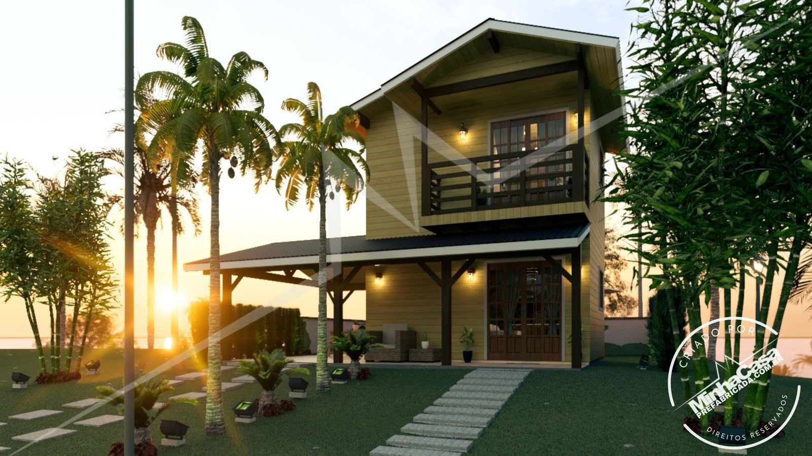 PD Balneário Piçarras de 66,29m² — Fachada principal centralizada de dia em ângulo amplo PD Balneário Piçarras de 66,29m² pré-fabricado em madeira pinus autoclave — fachada principal centralizada de dia em ângulo amplo