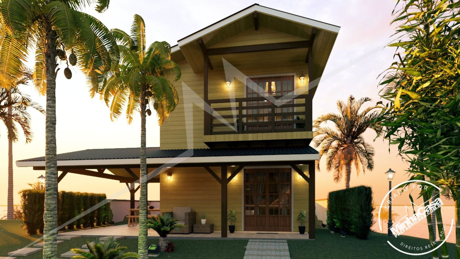 PD Balneário Piçarras de 66,29m² — Fachada principal centralizada de noite em ângulo amplo PD Balneário Piçarras de 66,29m² pré-fabricado em madeira pinus autoclave — fachada principal centralizada de noite em ângulo amplo