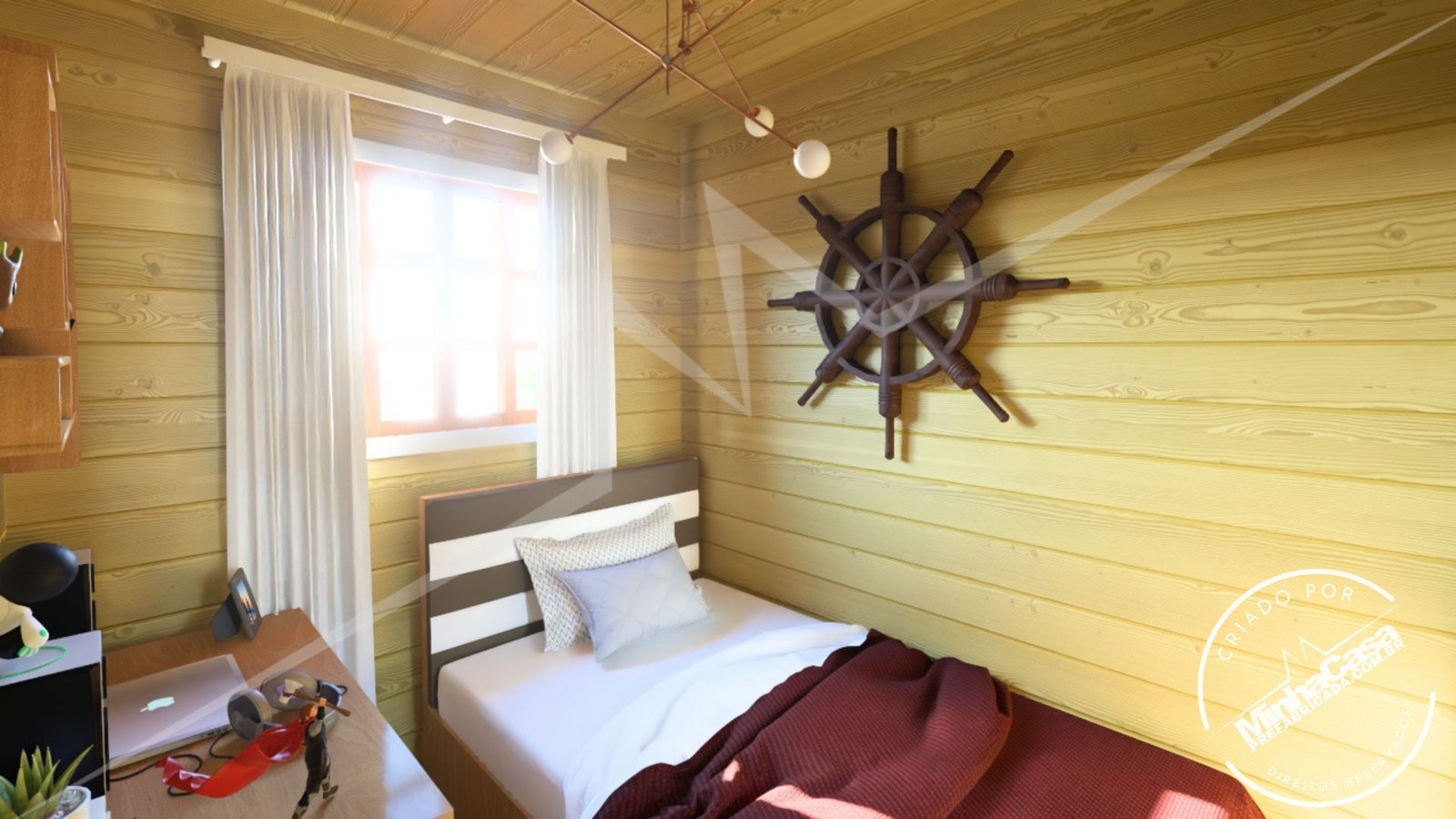 PD Balneário Piçarras de 66,29m² — Interior com quarto em foco PD Balneário Piçarras de 66,29m² pré-fabricado em madeira pinus autoclave — interior com quarto em foco