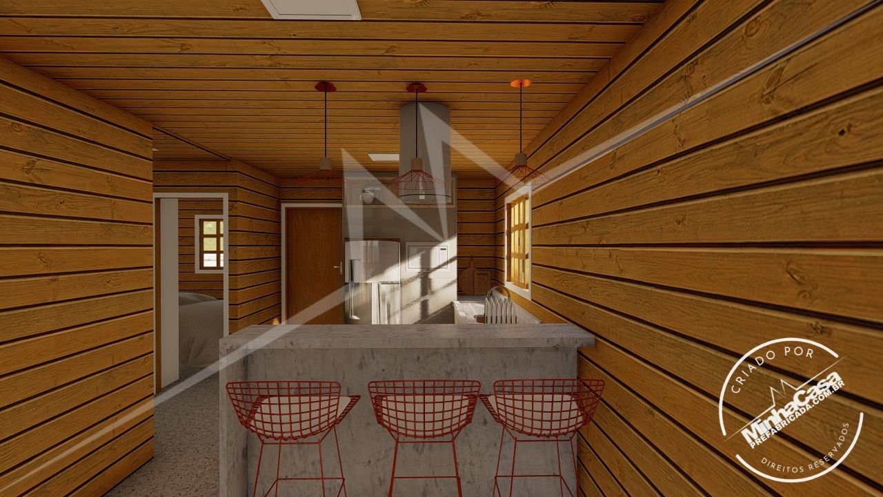 POP 2.1 de 68,31m² — Cozinha com bancada em foco POP 2.1 de 68,31m² pré-fabricado em madeira pinus autoclave — cozinha com bancada em foco