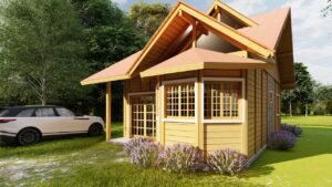 PD Tijucas I de 63,76m² pré-fabricado em madeira pinus autoclave — fachada principal com lateral esquerda