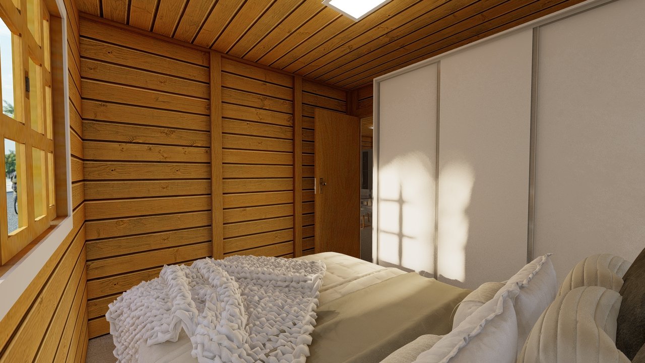 POP 2.0 de 60,29m² — Quarto em foco POP 2.0 de 60,29m² pré-fabricado em madeira pinus autoclave — quarto em foco