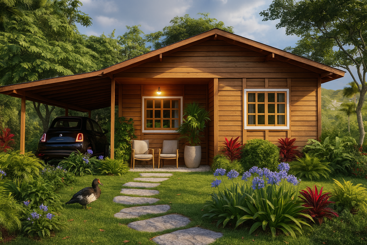 POP 2.0 de 60,29m² — Fachada principal ultra-realista em ângulo alternativo POP 2.0 de 60,29m² pré-fabricado em madeira pinus autoclave — fachada principal ultra-realista em ângulo alternativo