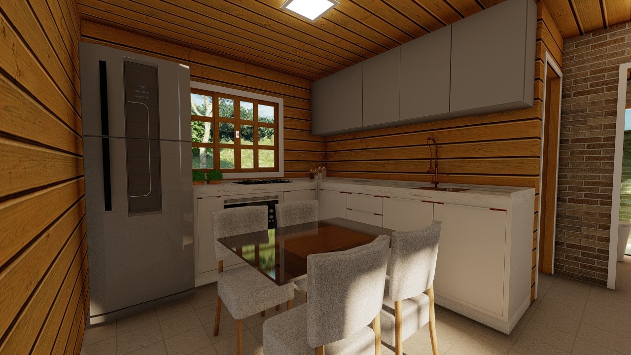 POP 2.0 de 60,29m² — Interior com cozinha e mesa de jantar POP 2.0 de 60,29m² pré-fabricado em madeira pinus autoclave — interior com cozinha e mesa de jantar