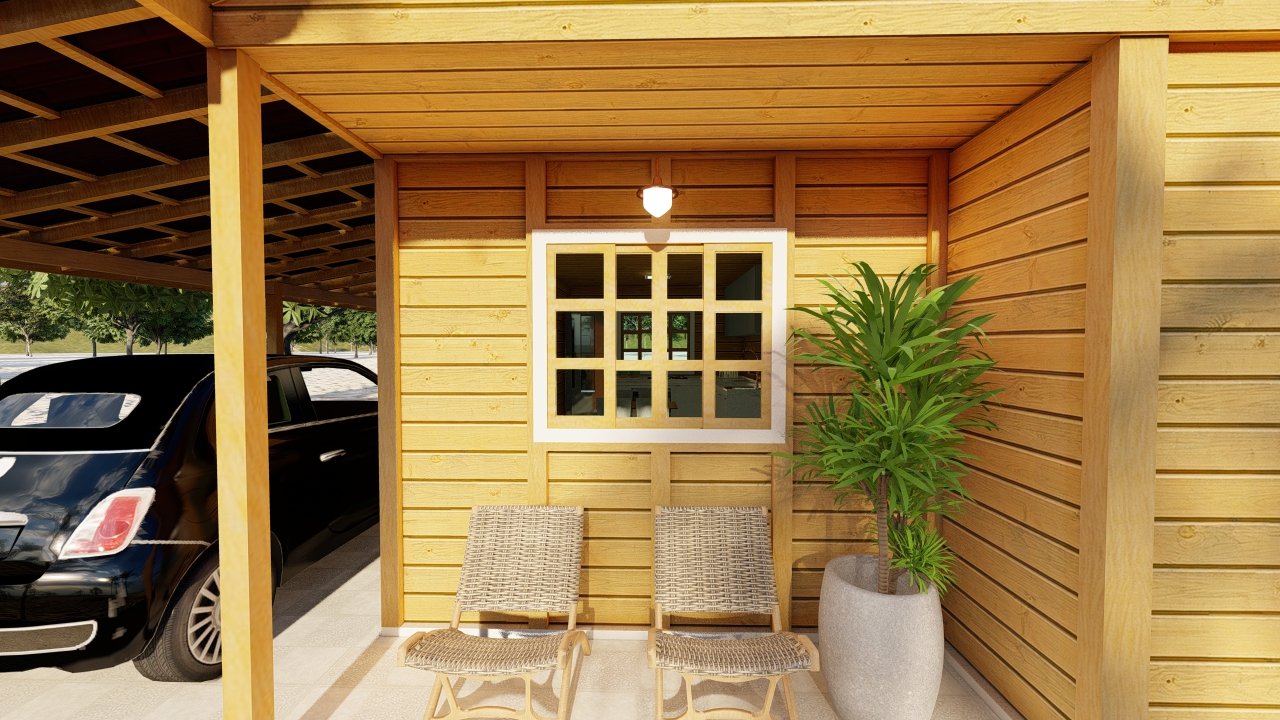 POP 2.0 de 60,29m² — Fachada principal em ângulo central POP 2.0 de 60,29m² pré-fabricado em madeira pinus autoclave — fachada principal em ângulo central