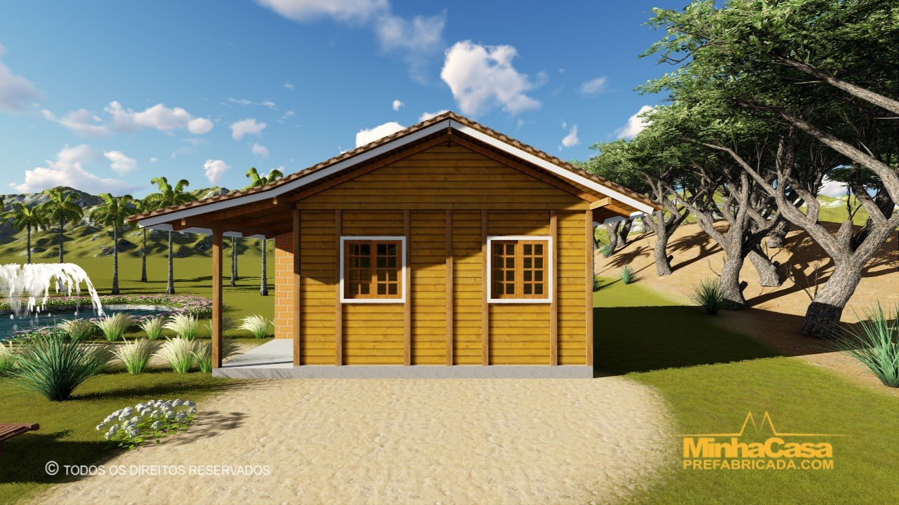 Fachada principal da casa pré-fabricada modelo Tabuleiro em madeira pinus autoclave