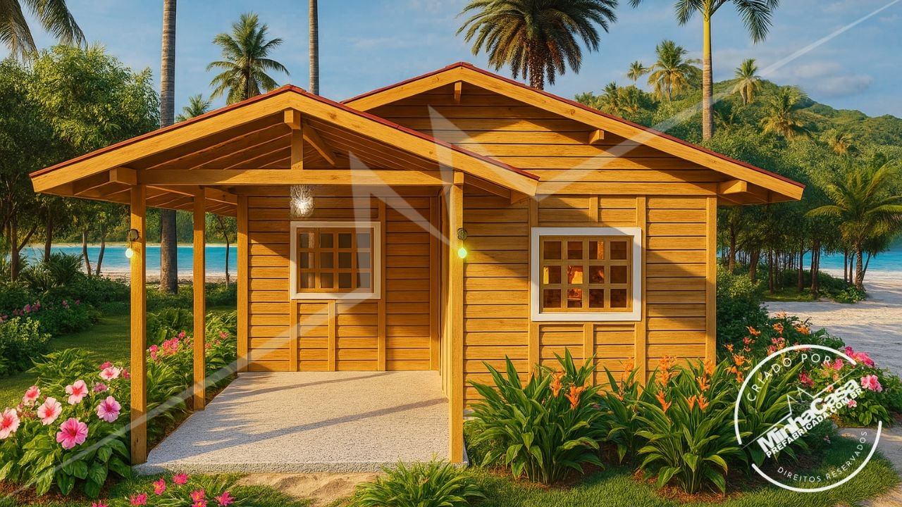 POP 2.1 de 68,31m² — Fachada principal centralizada ultra-realista POP 2.1 de 68,31m² pré-fabricado em madeira pinus autoclave — fachada principal centralizada ultra-realista