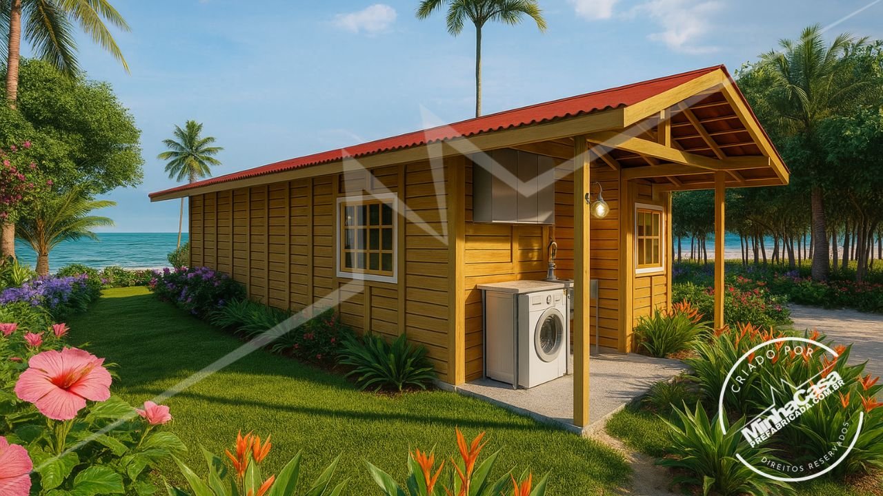 POP 2.1 de 68,31m² — Fachada posterior com lateral esquerda ultra-realista POP 2.1 de 68,31m² pré-fabricado em madeira pinus autoclave — fachada posterior com lateral esquerda ultra-realista