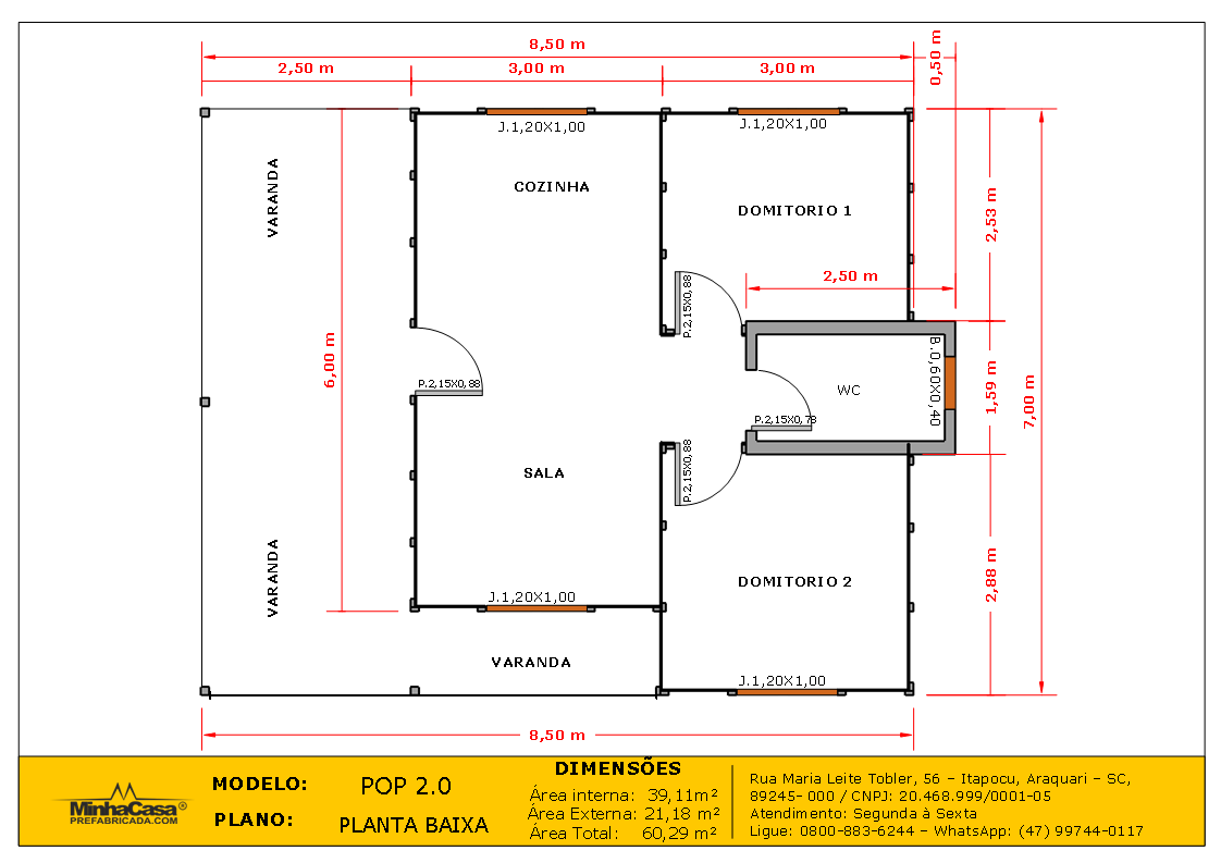 POP 2.0 de 60,29m² — Planta baixaPlanta baixa do modelo POP 2.0 de sessenta vírgula vinte e nove metros quadrados POP 2.0 de 60,29m² pré-fabricado em madeira pinus autoclave — planta baixa