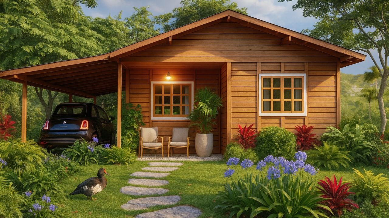 POP 2.0 de 60,29m² — Fachada principal em visão ultra-realista POP 2.0 de 60,29m² pré-fabricado em madeira pinus autoclave — fachada principal em visão ultrarrealista