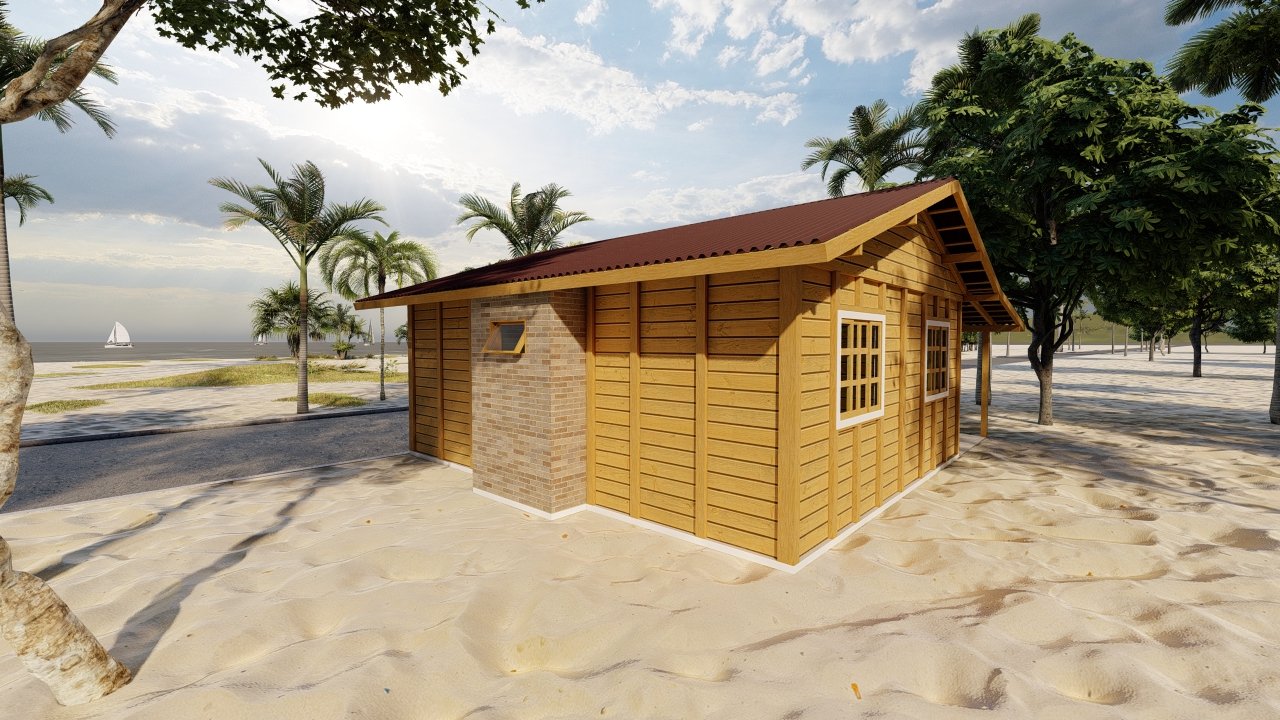 POP 2.0 de 60,29m² — Fachada lateral esquerda POP 2.0 de 60,29m² pré-fabricado em madeira pinus autoclave — fachada lateral esquerda