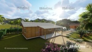 imagem ilustrativa em alta definição de uma casa de madeira com 3 quartos