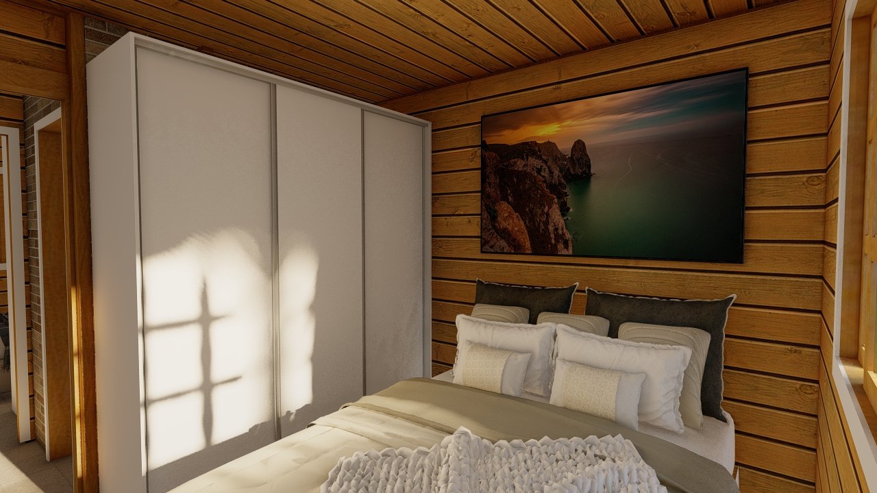POP 2.0 de 60,29m² — Quarto em outro ângulo POP 2.0 de 60,29m² pré-fabricado em madeira pinus autoclave — quarto em outro ângulo