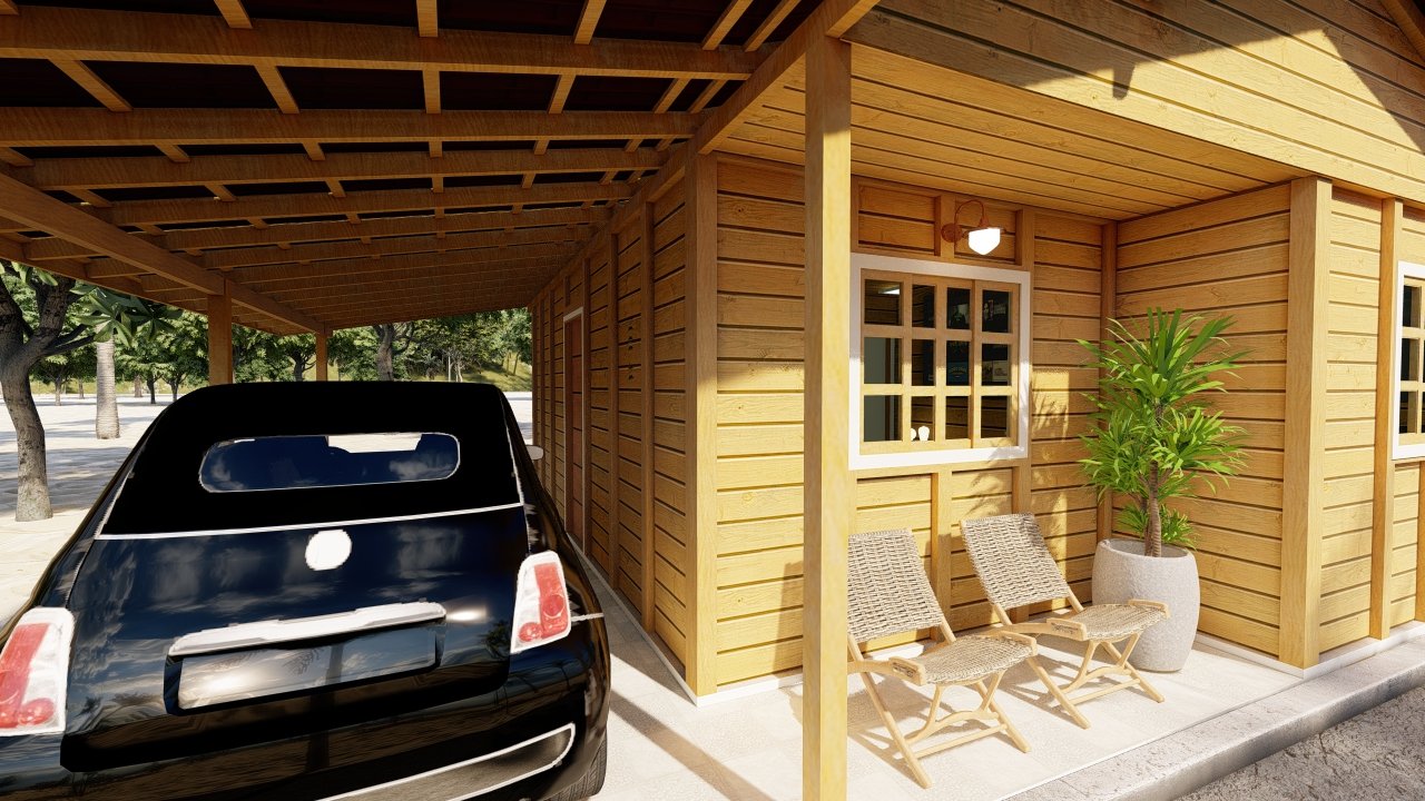 POP 2.0 de 60,29m² — Fachada principal com garagem POP 2.0 de 60,29m² pré-fabricado em madeira pinus autoclave — fachada principal com garagem