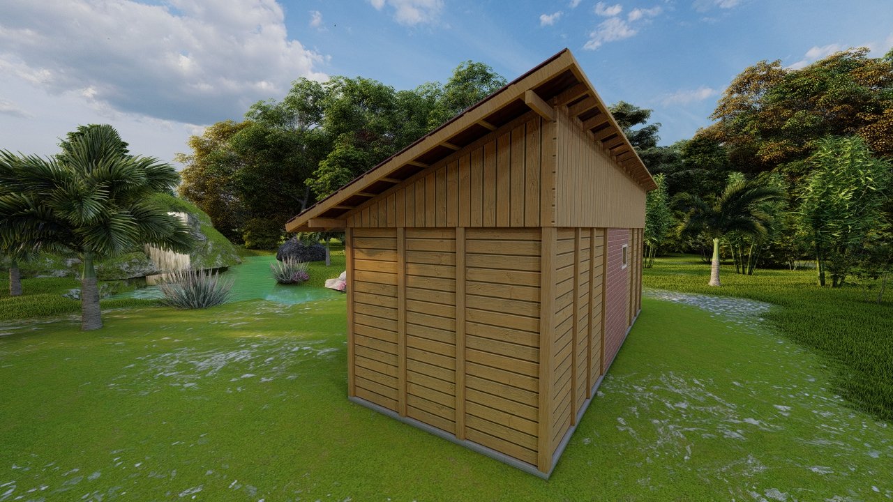 POP 1.1 de 31,5m² — Fachada posterior com lateral direita POP 1.1 de 31,5m² pré-fabricado em madeira pinus autoclave — fachada posterior com lateral direita