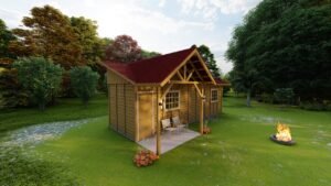 POP 1.1 de 31,5m² pré-fabricado em madeira pinus autoclave — fachada principal em visão distante com entorno