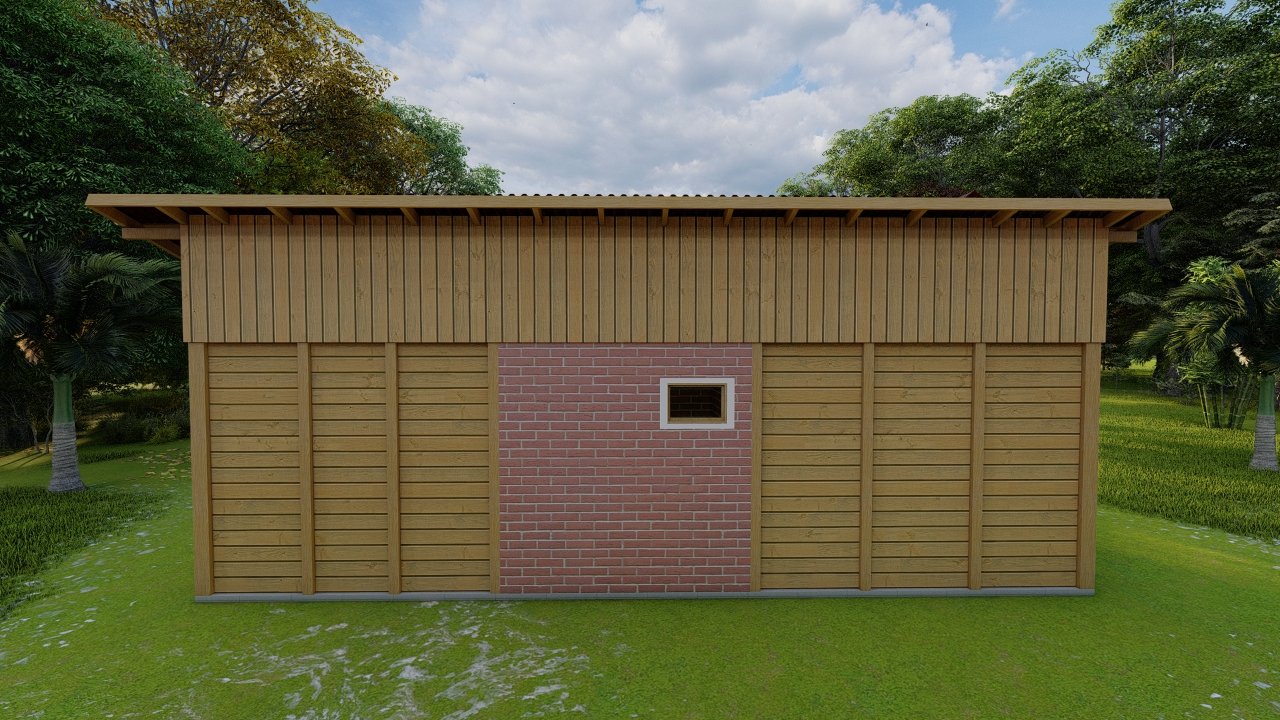 POP 1.1 de 31,5m² — Fachada posterior POP 1.1 de 31,5m² pré-fabricado em madeira pinus autoclave — fachada posterior