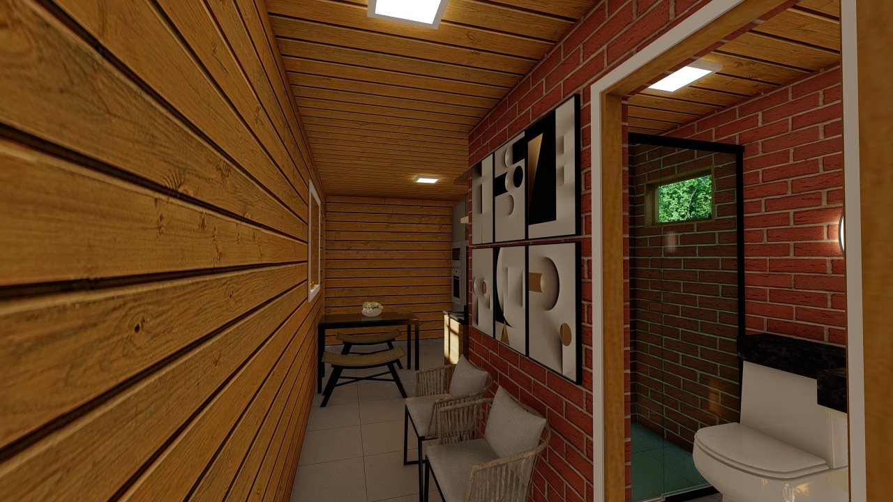 POP 1.1 de 31,5m² — Interior com visão da porta do banheiro e corredor POP 1.1 de 31,5m² pré-fabricado em madeira pinus autoclave — interior com visão da porta do banheiro e corredor