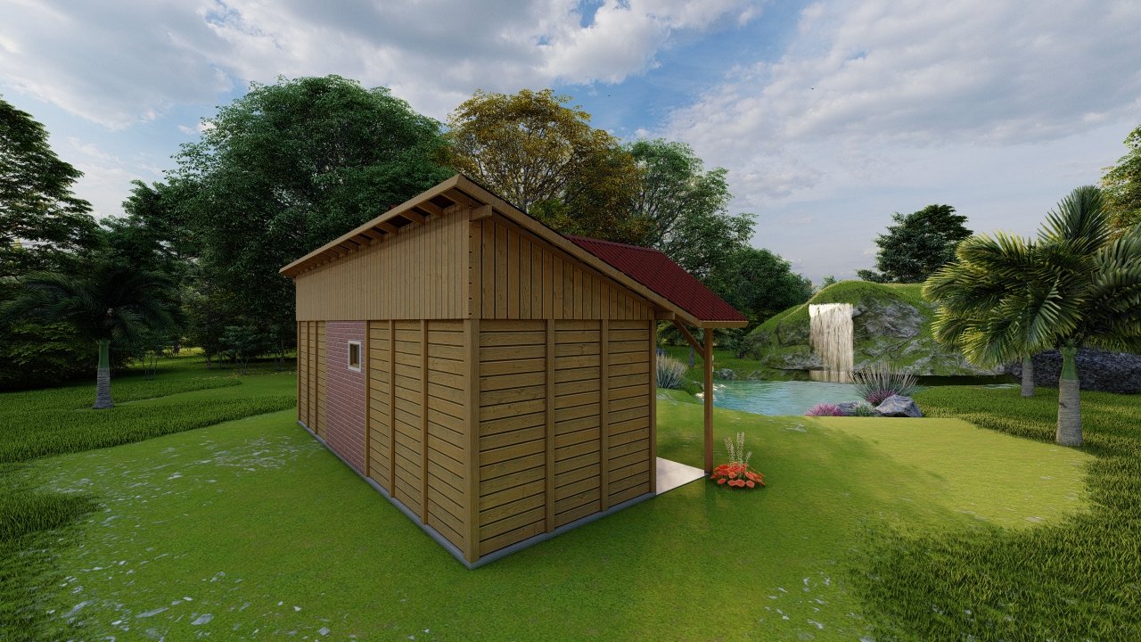 POP 1.1 de 31,5m² — Fachada posterior com lateral esquerda POP 1.1 de 31,5m² pré-fabricado em madeira pinus autoclave — fachada posterior com lateral esquerda