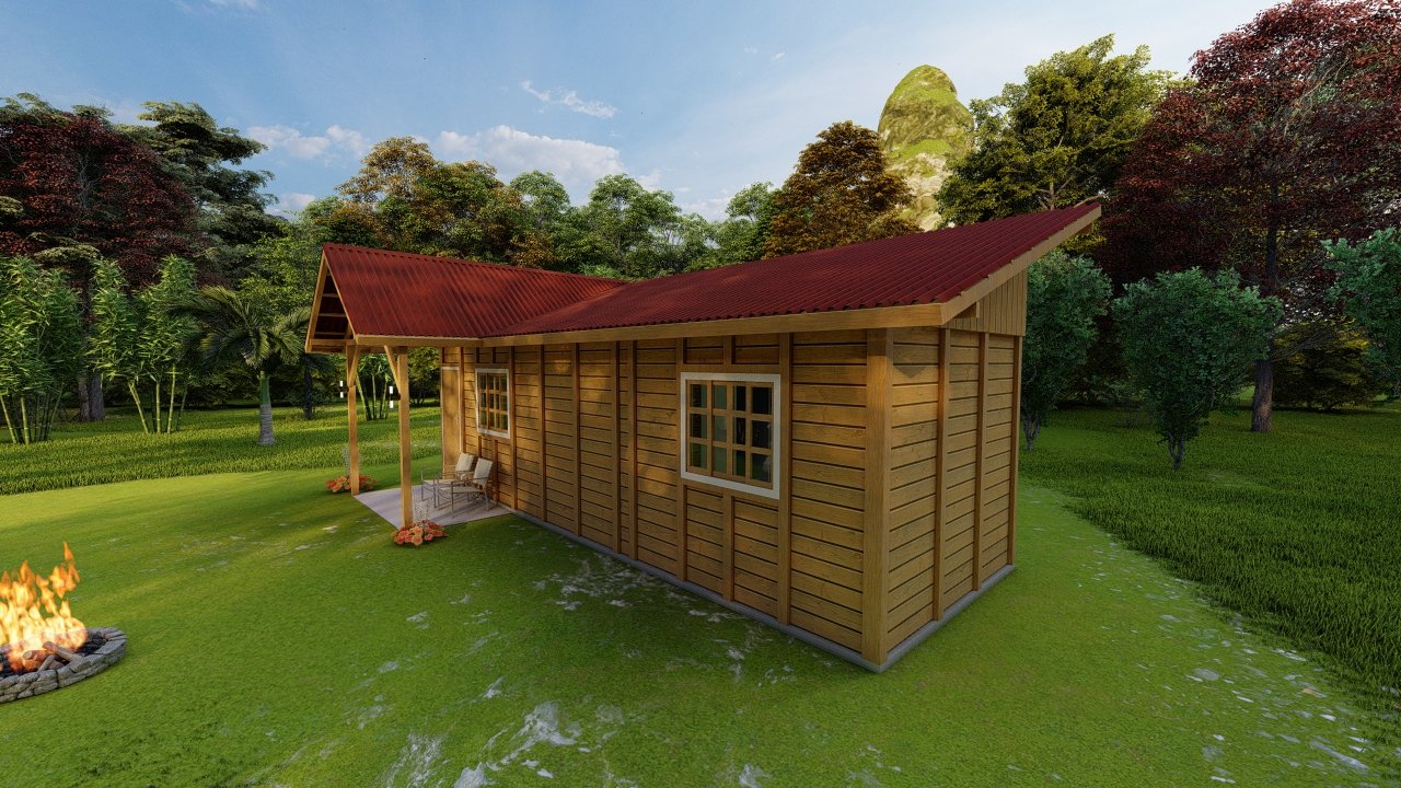 POP 1.1 de 31,5m² — Fachada principal com lateral direita POP 1.1 de 31,5m² pré-fabricado em madeira pinus autoclave — fachada principal com lateral direita