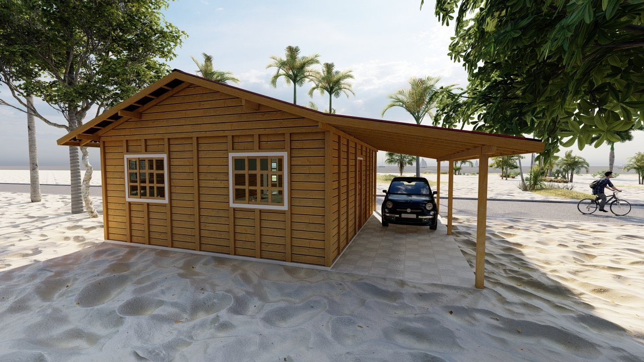 POP 2.0 de 60,29m² — Fachada posterior com varanda e garagem POP 2.0 de 60,29m² pré-fabricado em madeira pinus autoclave — fachada posterior com varanda e garagem