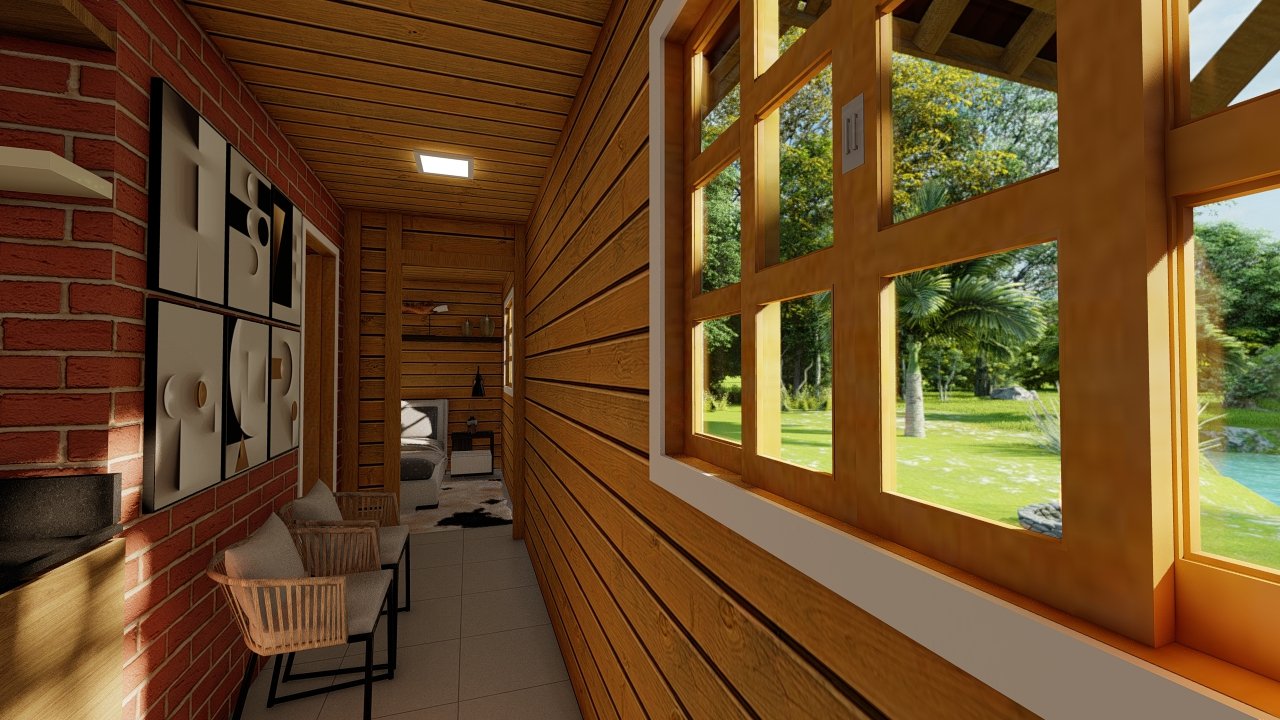 POP 1.1 de 31,5m² — Corredor em direção ao quarto POP 1.1 de 31,5m² pré-fabricado em madeira pinus autoclave — corredor em direção ao quarto