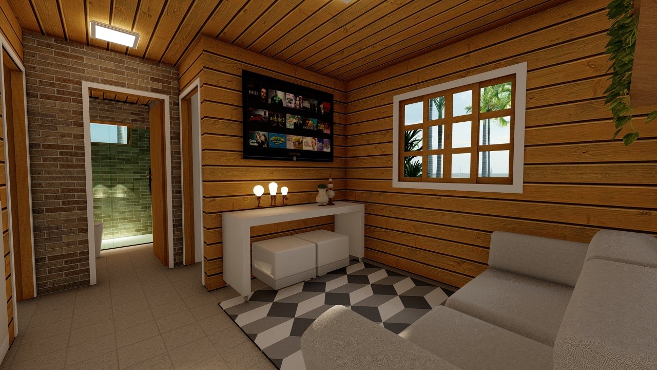POP 2.0 de 60,29m² — Sala em foco POP 2.0 de 60,29m² pré-fabricado em madeira pinus autoclave — sala em foco