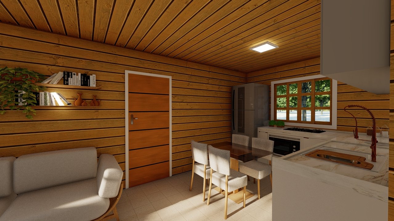 POP 2.0 de 60,29m² — Interior amplo com sala e cozinha POP 2.0 de 60,29m² pré-fabricado em madeira pinus autoclave — interior amplo com sala e cozinha