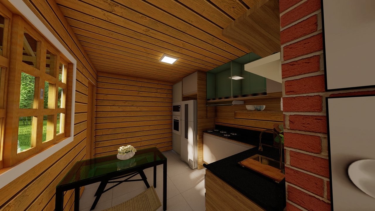 POP 1.1 de 31,5m² — Cozinha com visão para corredor e quarto POP 1.1 de 31,5m² pré-fabricado em madeira pinus autoclave — cozinha com visão para corredor e quarto