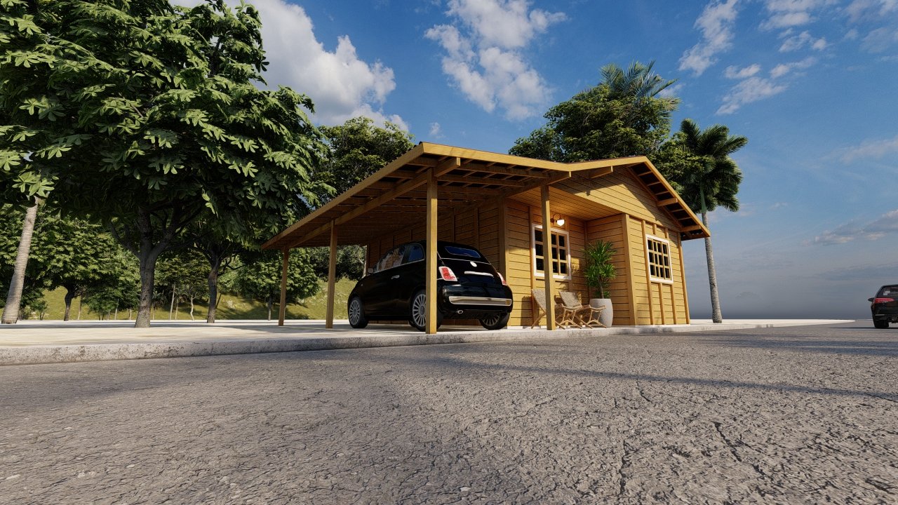 POP 2.0 de 60,29m² — Fachada principal em visão de baixo para cima POP 2.0 de 60,29m² pré-fabricado em madeira pinus autoclave — fachada principal em visão de baixo para cima