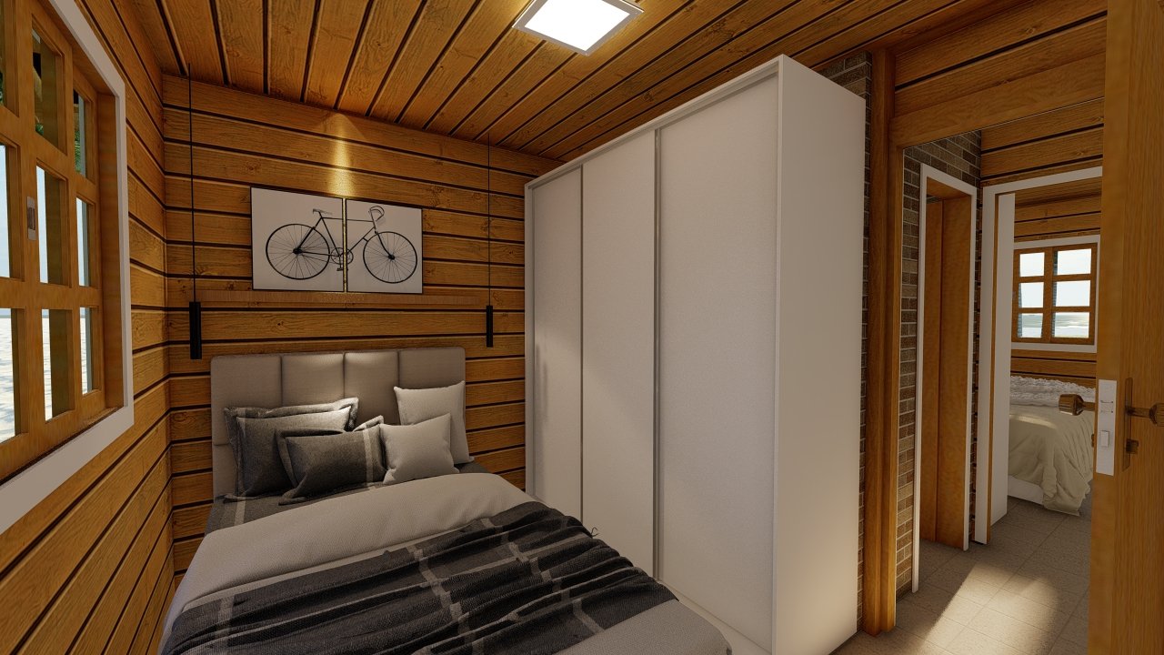 POP 2.0 de 60,29m² — Segundo quarto em foco POP 2.0 de 60,29m² pré-fabricado em madeira pinus autoclave — segundo quarto em foco