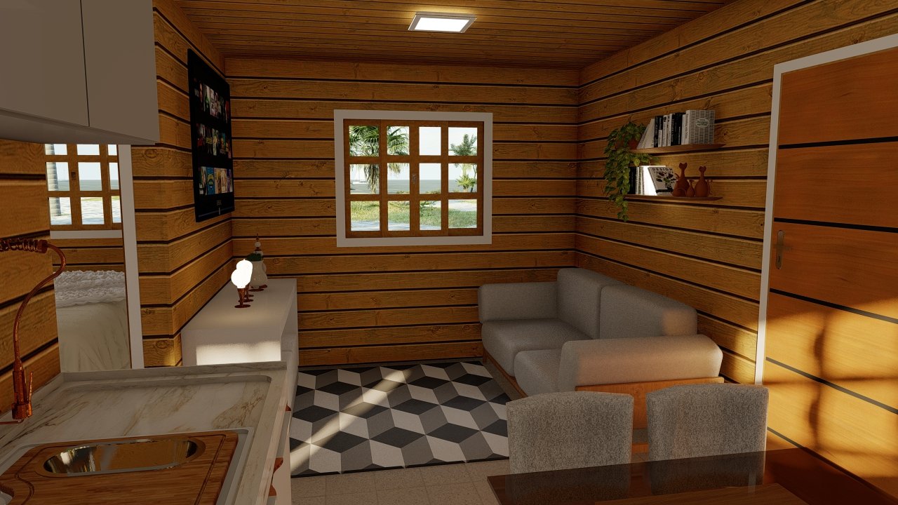 POP 2.0 de 60,29m² — Sala em visão ampliada POP 2.0 de 60,29m² pré-fabricado em madeira pinus autoclave — sala em visão ampliada