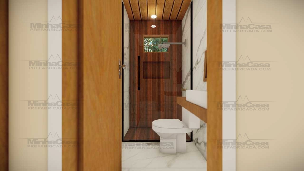 BANHEIRO CASA PREFABRICA Casa com área de lazer externa